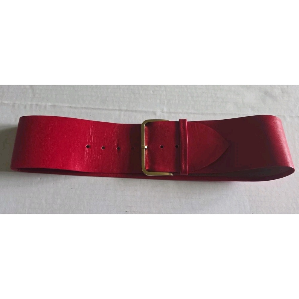 Vintage 1980s Wide Red Genuine Leather Waist Belt Gold Buckle Cinch Small Retro